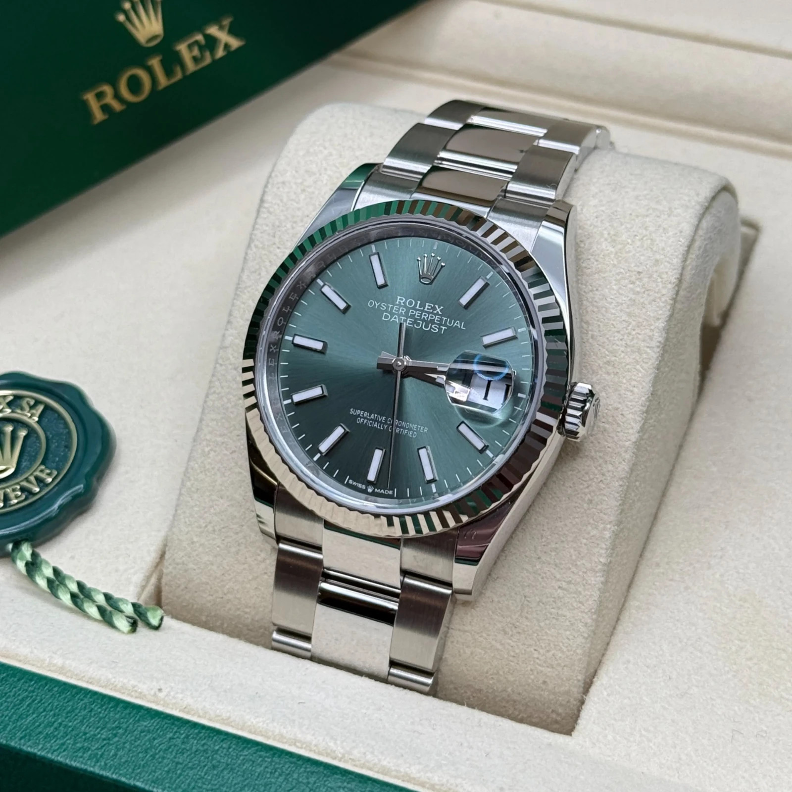 2026 New, unworn Rolex Datejust 36mm Fluted Bezel, Mint Green Dial. Ref. 126234