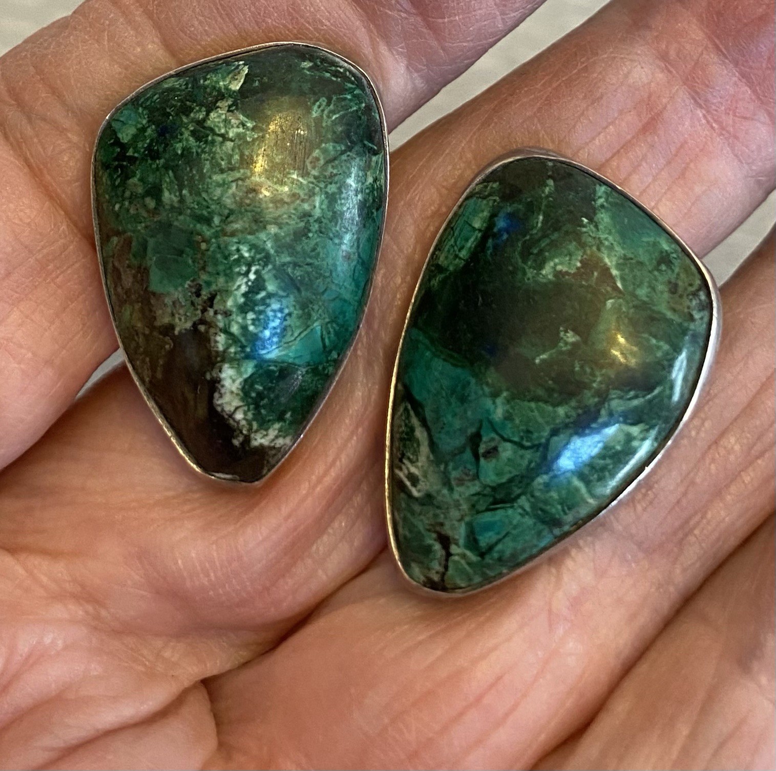 Vintage Israel 930 Silver Malachite Cufflinks Chunky Natural Green Stone