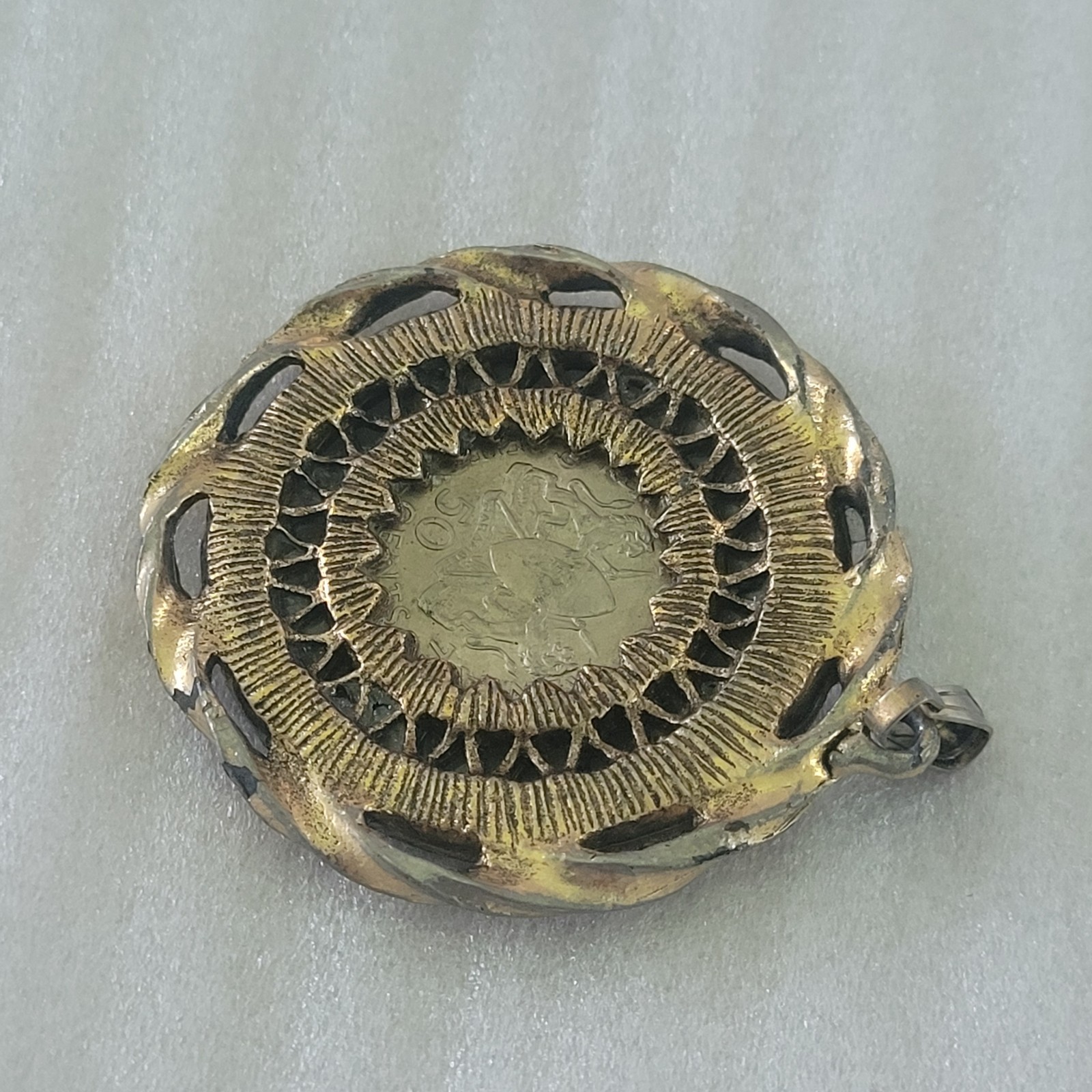 Vintage Kenya Mzee Jomo Kenyatta Coin Pendant Blue Rhinestone Halo Gold Tone