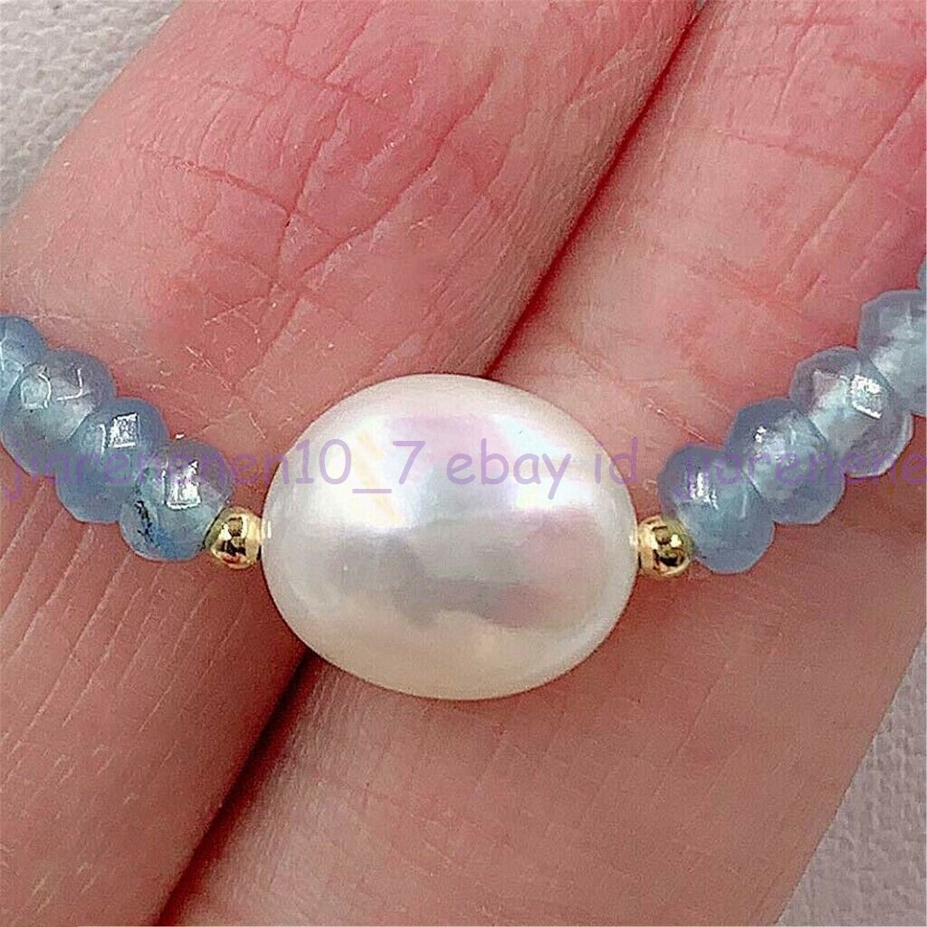 2x4mm Faceted Blue Aquamarine & 11-12mm White Baroque Pearl Necklace 18in Z2114
