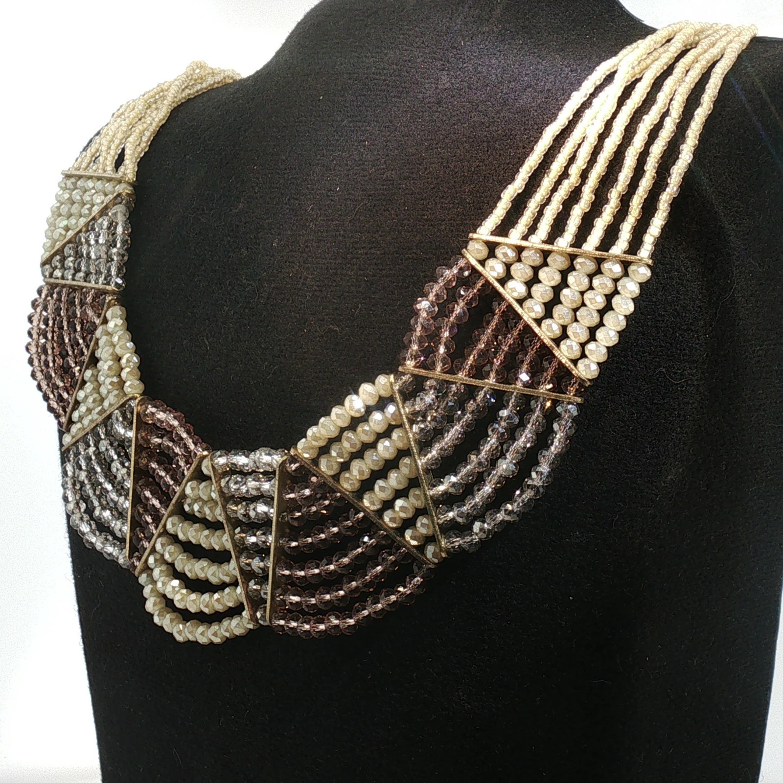 Vintage Multi-Strand Crystal Bib Necklace Gold Bronze Geometric Statement