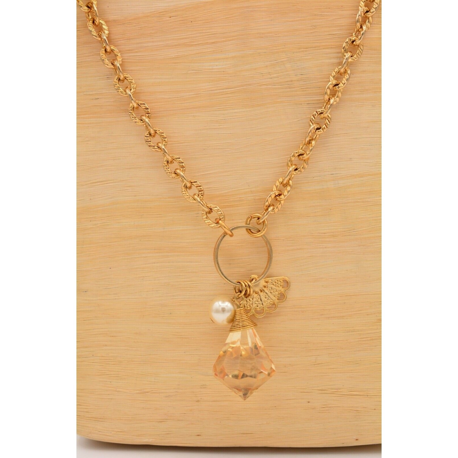 Vintage Station Cameo Necklace Charm Beaded Crystal Gold Chunky 1990s Bin4B