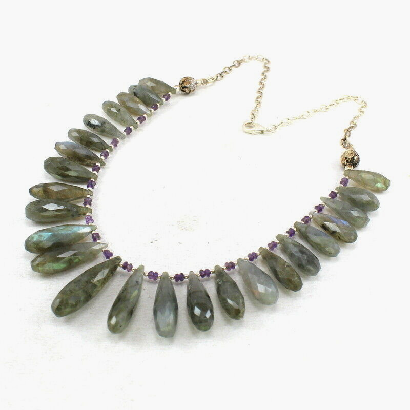 Necklace Natural Faceted Labradorite Gemstone 925 sterling silver Beaded Jewelry