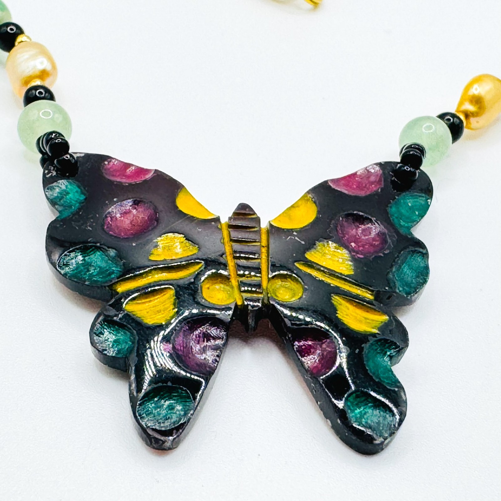 Multicolour Green Glass Butterfly Pendant Beaded Necklace 51cm Bead Artisan
