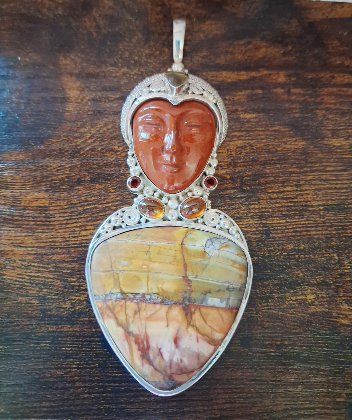 Sajen 50g Red Creek Jasper & Multi Gemstone Bali Goddess Sterling Silver Pendant