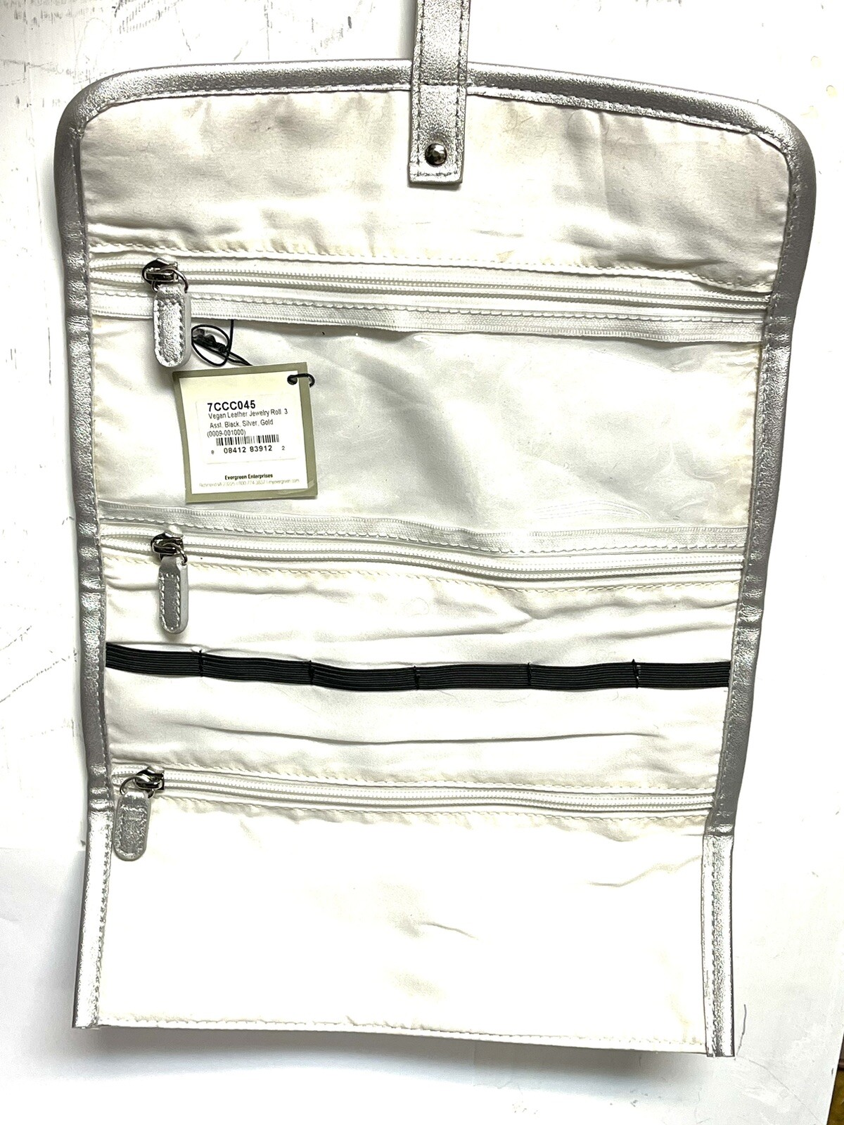 Vegan Leather Jewelry Roll Travel Organizer Silver 11×15” By Evergreen NEW