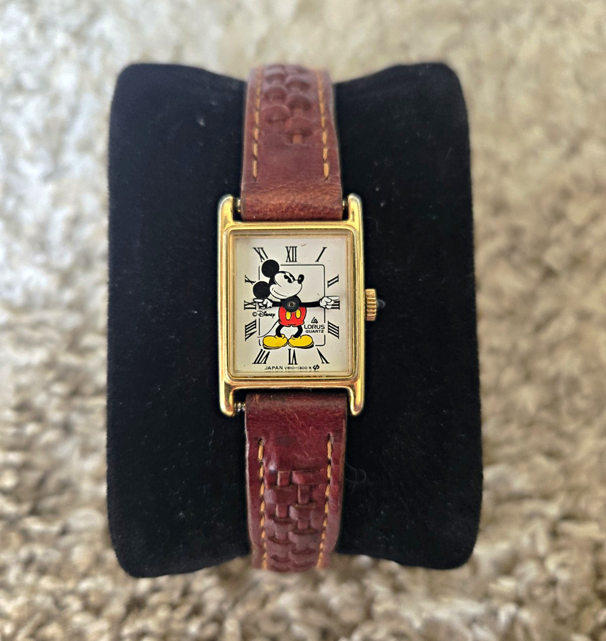 Lorus Quartz Mickey Mouse Dial Rectangle Gold-Tone Watch Brown Leather Strap