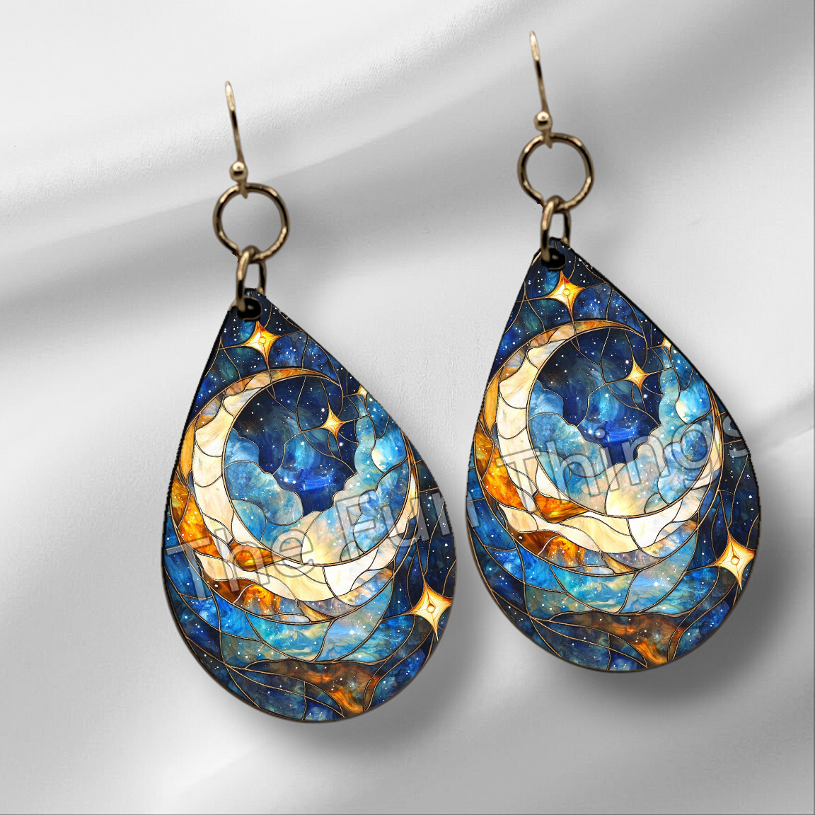 Celestial Faux Staing Glass Earrings NO TARNISHING Wood Teardrop Starry Sky Moon