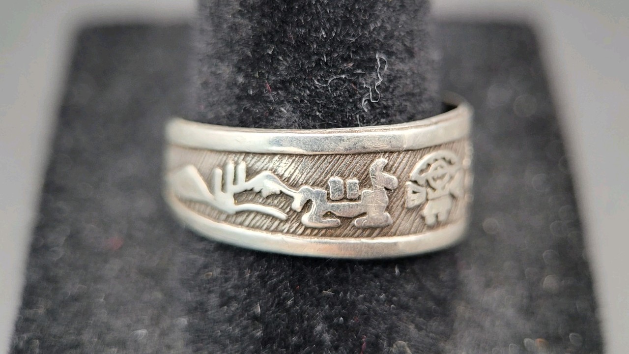 Vintage Sterling Silver Peruvian Inca Storytelling Picture Adjustable Ring Sz. 8