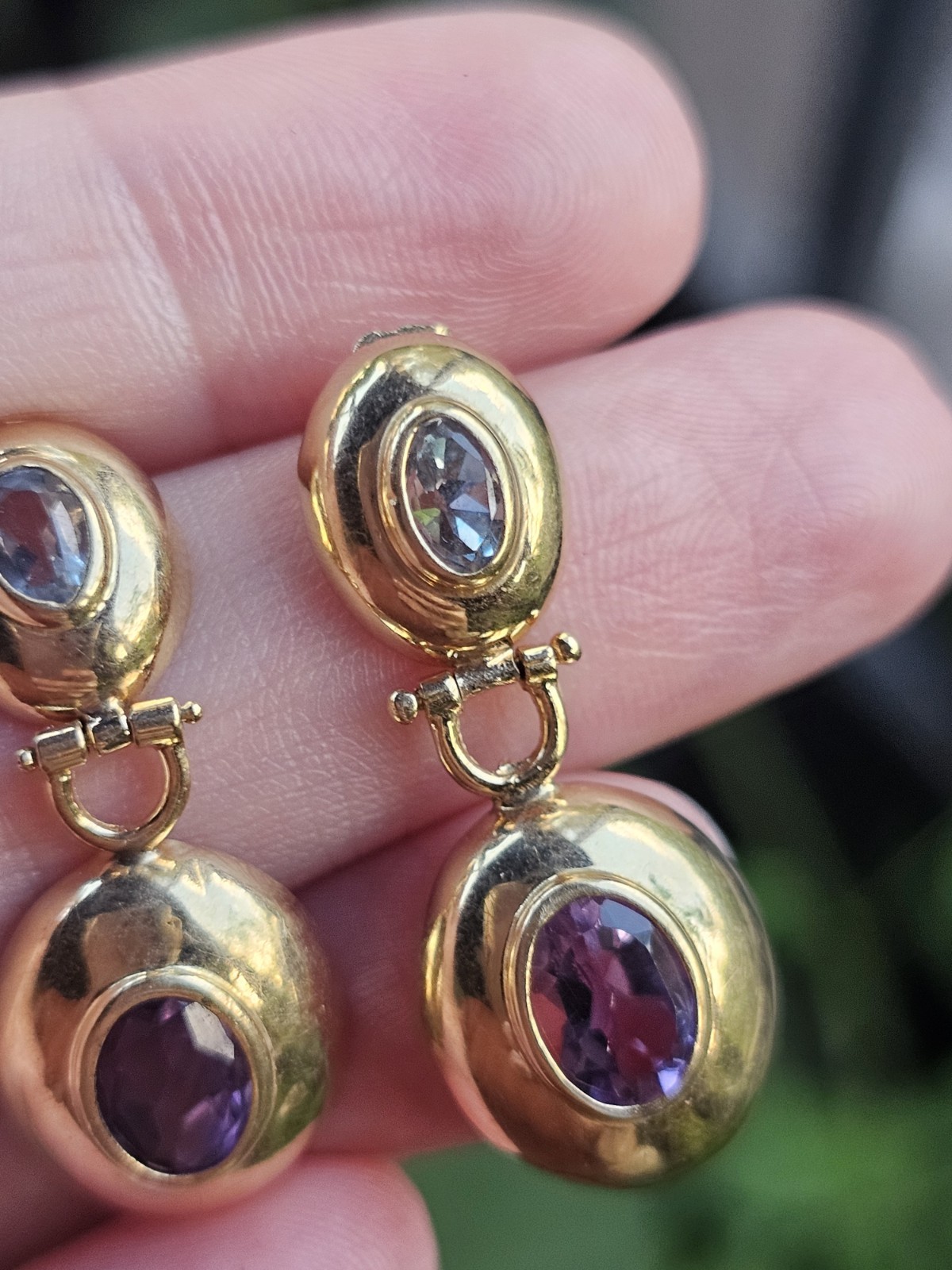Vintage 14k Yellow Gold Purple Blue Gemstone Doorknocker Postback Earrings 3g