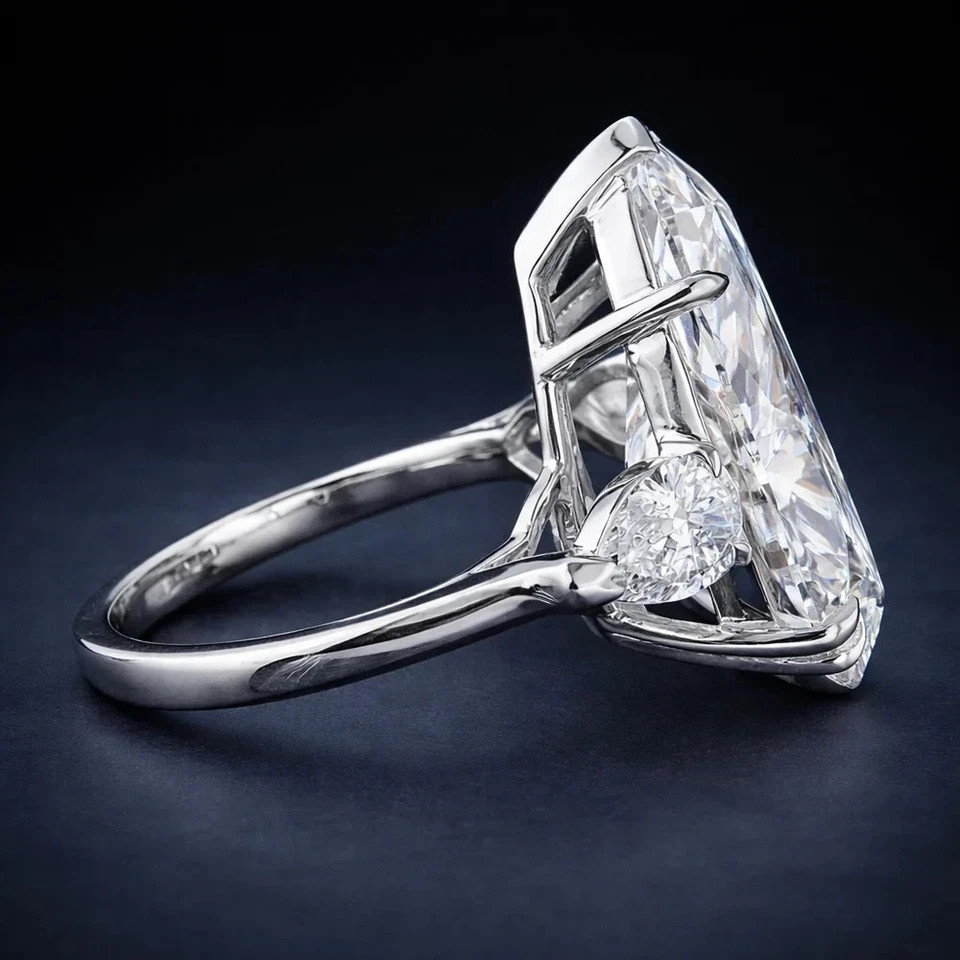 RARE 19.50 Ct White Treated Diamond Ring, 925 Silver, Excellent Luster