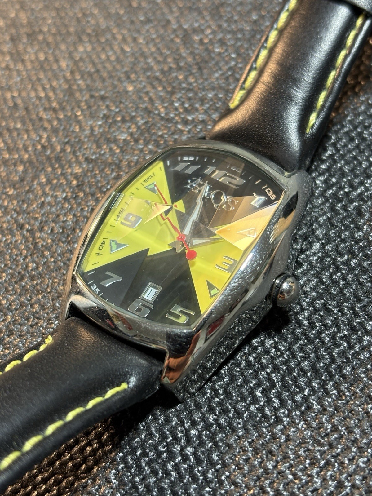AQS AquaSwiss Men Watch Faceted Crystal,Date,L-9500L,Leather Band,New Bat