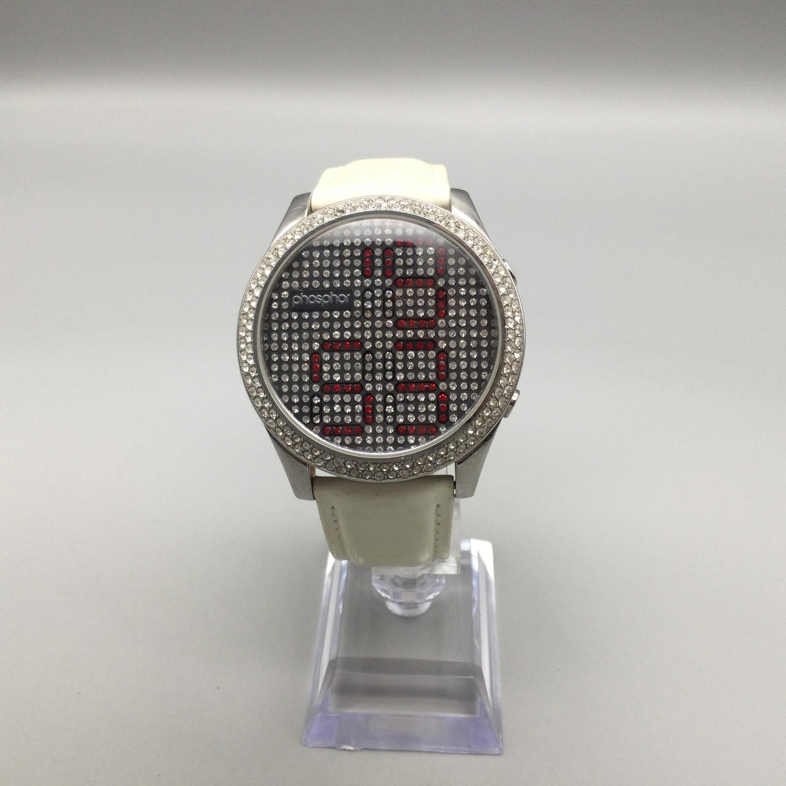 Phosphor Reveal Womens Watch 39mm Crystals LED Digital White Leather New Battery