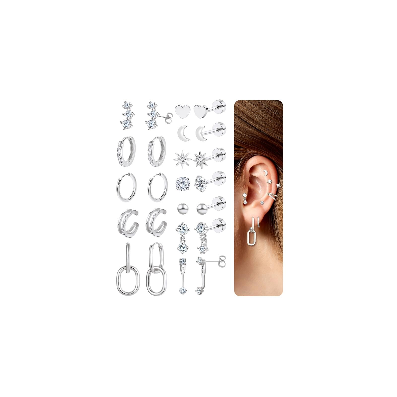 12 Pairs Hypoallergenic Flat Back Earrings for Women 14K Gold Cartilage Earring
