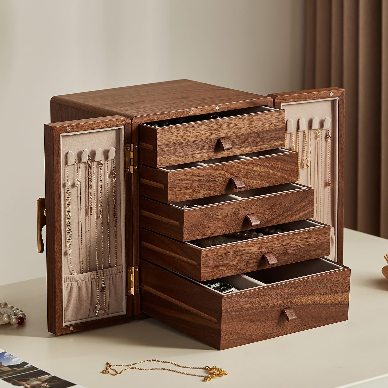 Black Walnut Wooden Jewelry Box 5 Layer Large Wood Jewelry Organizer Brass Ha…
