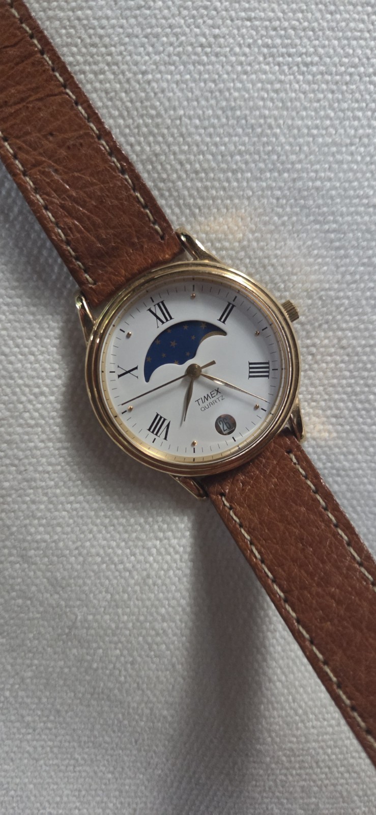 Vtg Timex Moon Phase Date Watch Unisex Gold Tone New Tan Leather Band Men’s