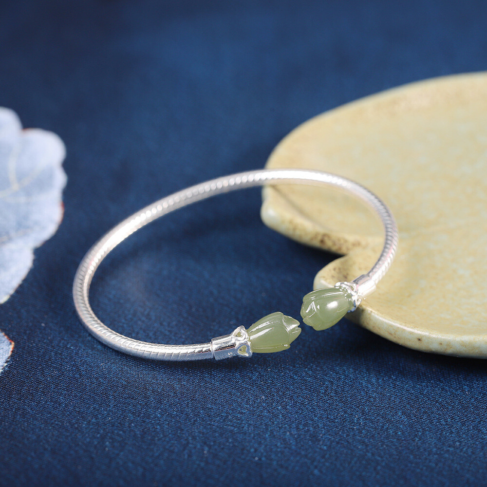 I03 Light Jade Small Hearts Flowers Bangle Sterling Silver 925