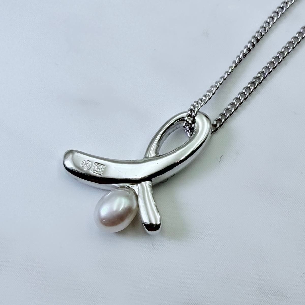 TASAKI Pearl Ribbon Pendant Necklace Sterling Silver 925 Authentic with Box
