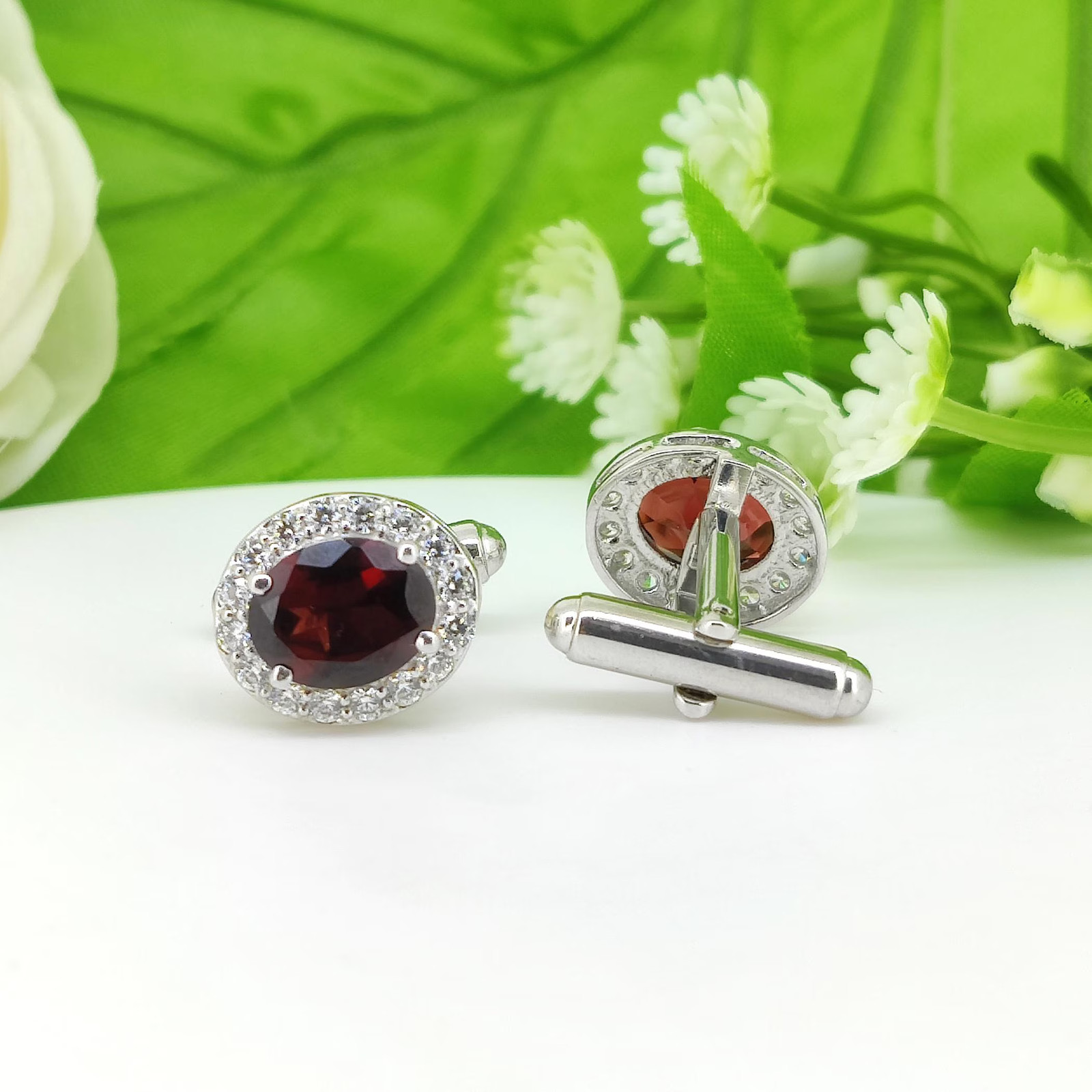 Natural Garnet Sterling Silver Cufflinks, Men’s Jewelry (January Birthstone)