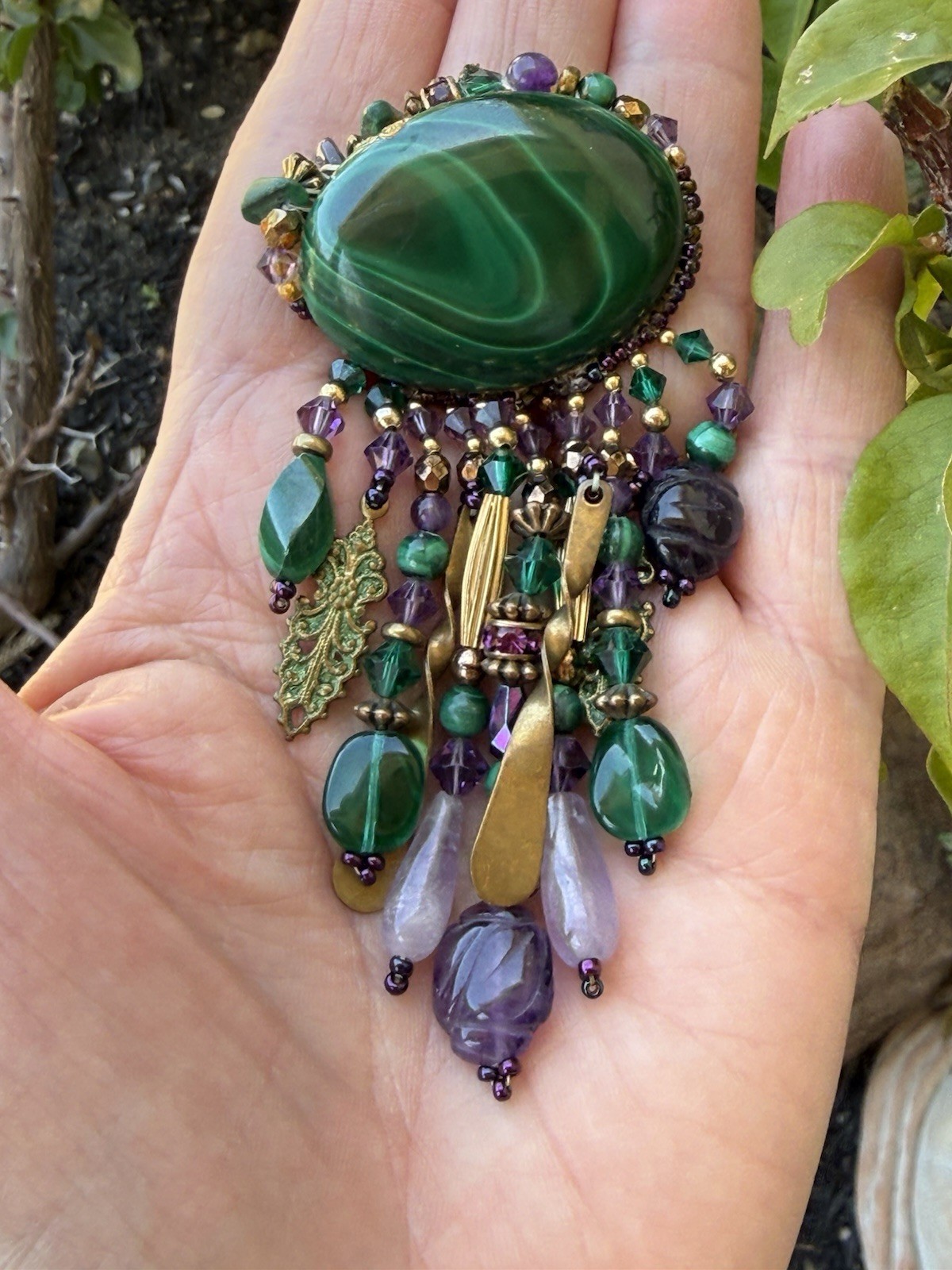 VTG Boutique Artisan Fringe Malachite & Amethyst Gem Dangles Crystal Pin Brooch