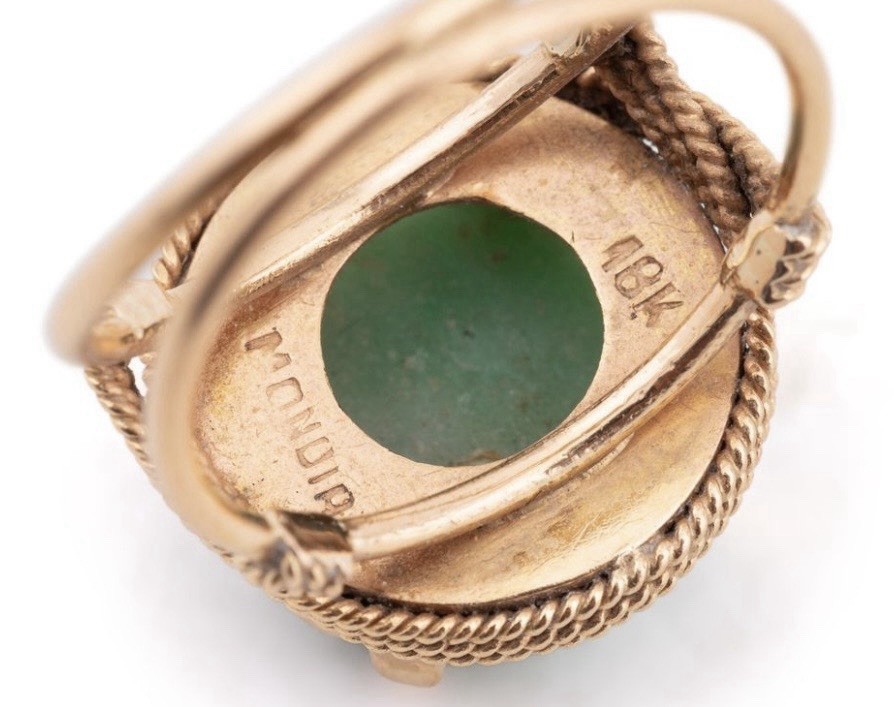 Mondia 18K Gold Jadeite Cabochon Ring 13.7mm Green Jade Vintage Size 8