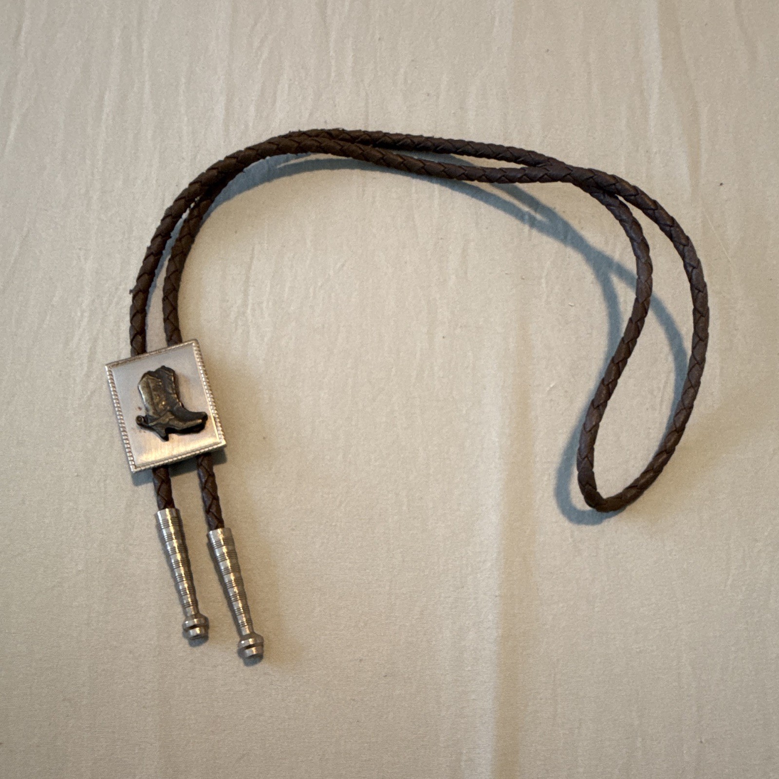 Men’s Western Brown Leather Bolo Tie Rectangle Boot Slide Silver Tone Tips