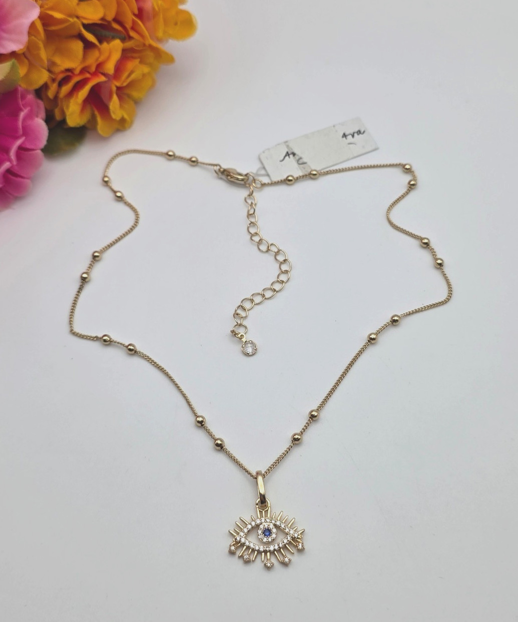 Gold Tone Evil Eye Pendant Necklace Blue & Clear Crystal Ball Station Chain 19″