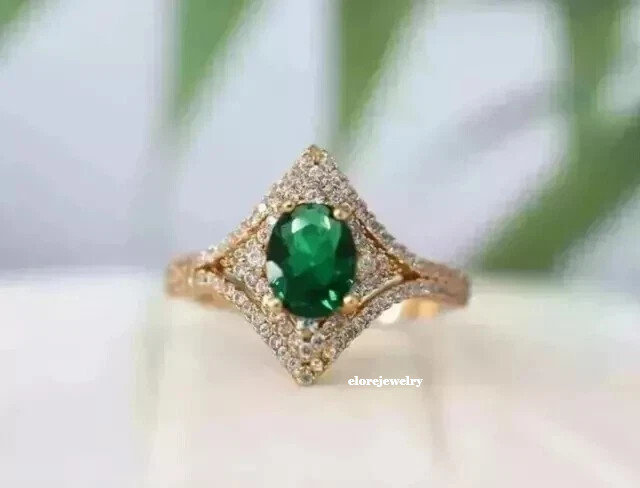 2 CT Oval Cut Simulated Emerald Engagement Women’s Ring 14K Yellow Gold Plated