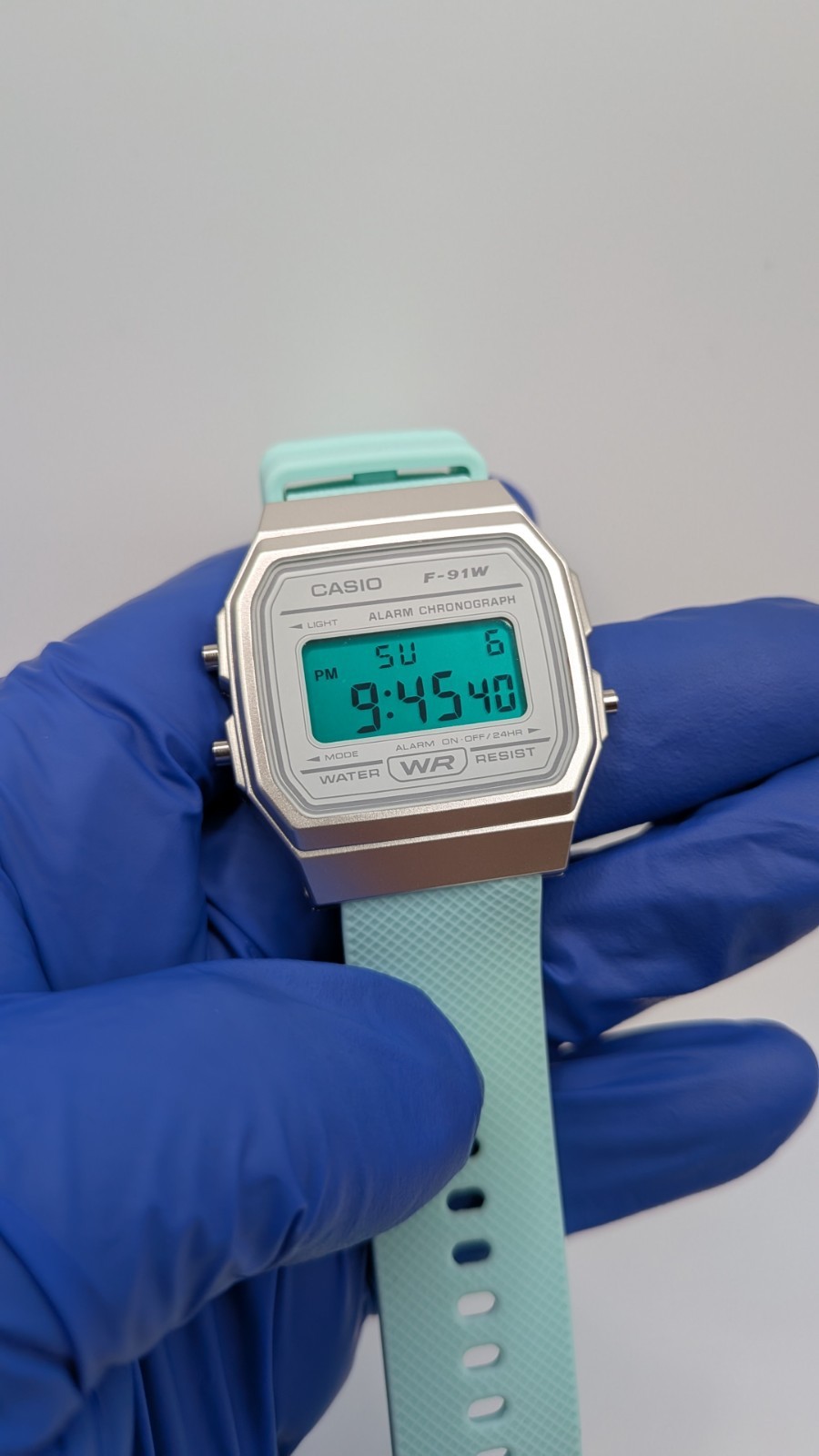 Casio F-91W Emerald Green Custom Watch Mod Silver White Mint Quick Release Strap