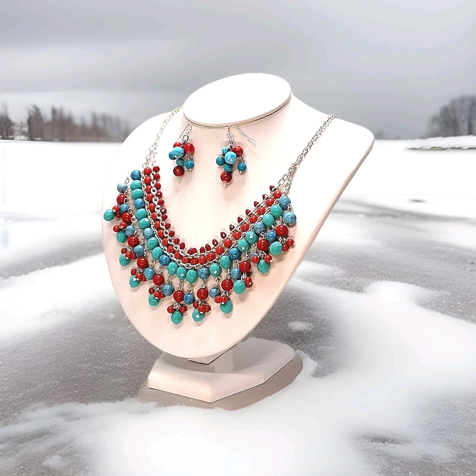 CHAP’S, Ralph Lauren Turquoise Red Silver 10″L Bib Necklace + 1.5″L Earrings Ap4