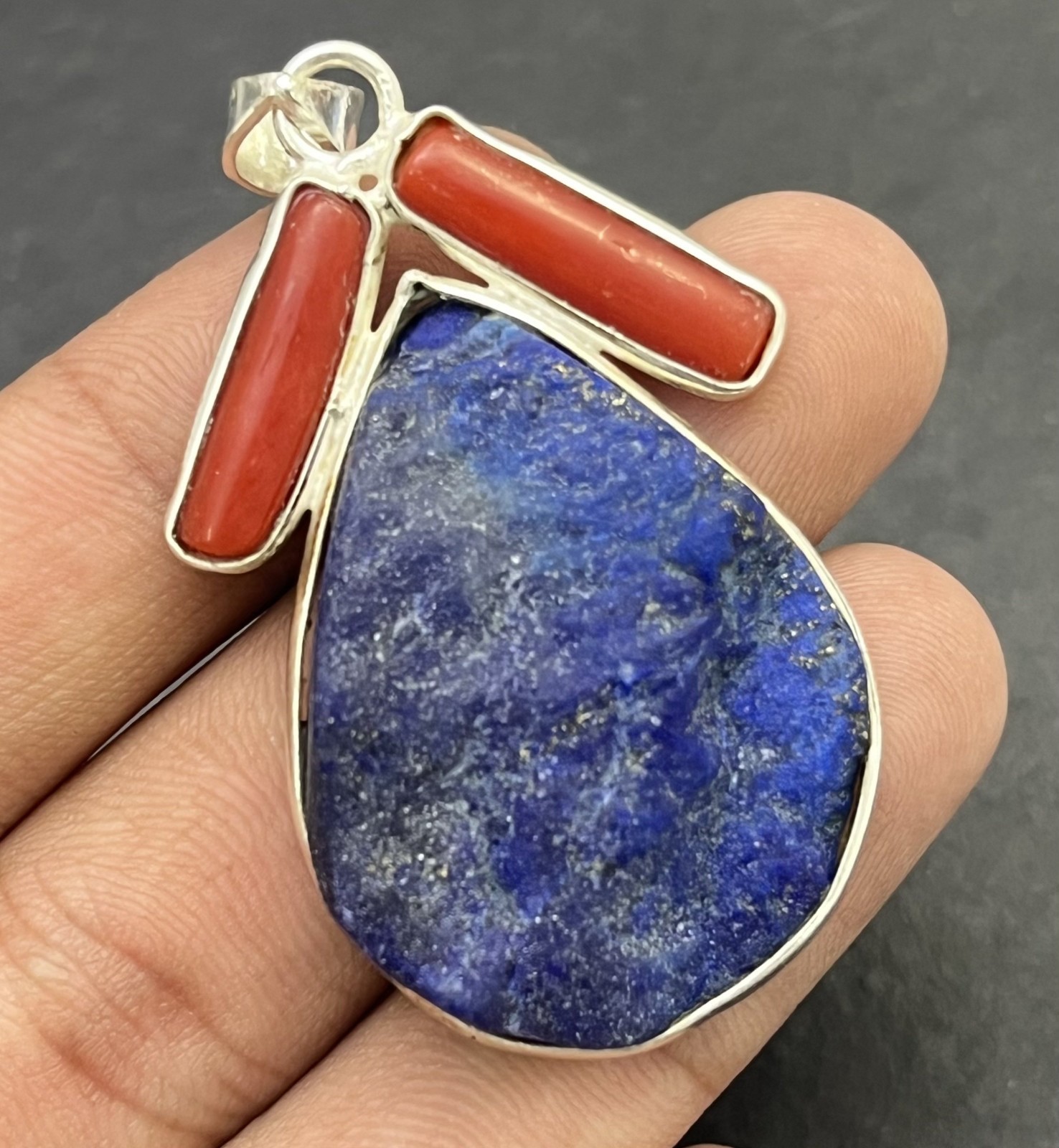 Natural Lapis Lazuli Raw Coral Pendant 925 Sterling Silver Boho Handmade Jewelry