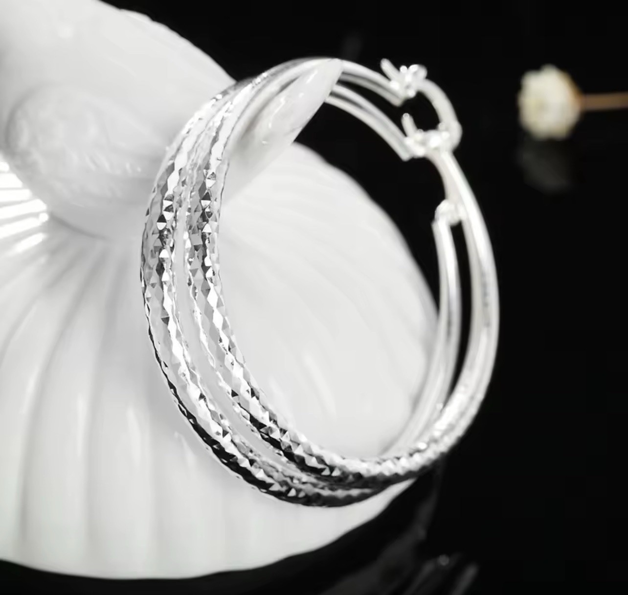 5CM ROUND HOOP DIAMOND CUT 925 SILVER PLATED EARRINGS LIGHT WEIGHT 2”