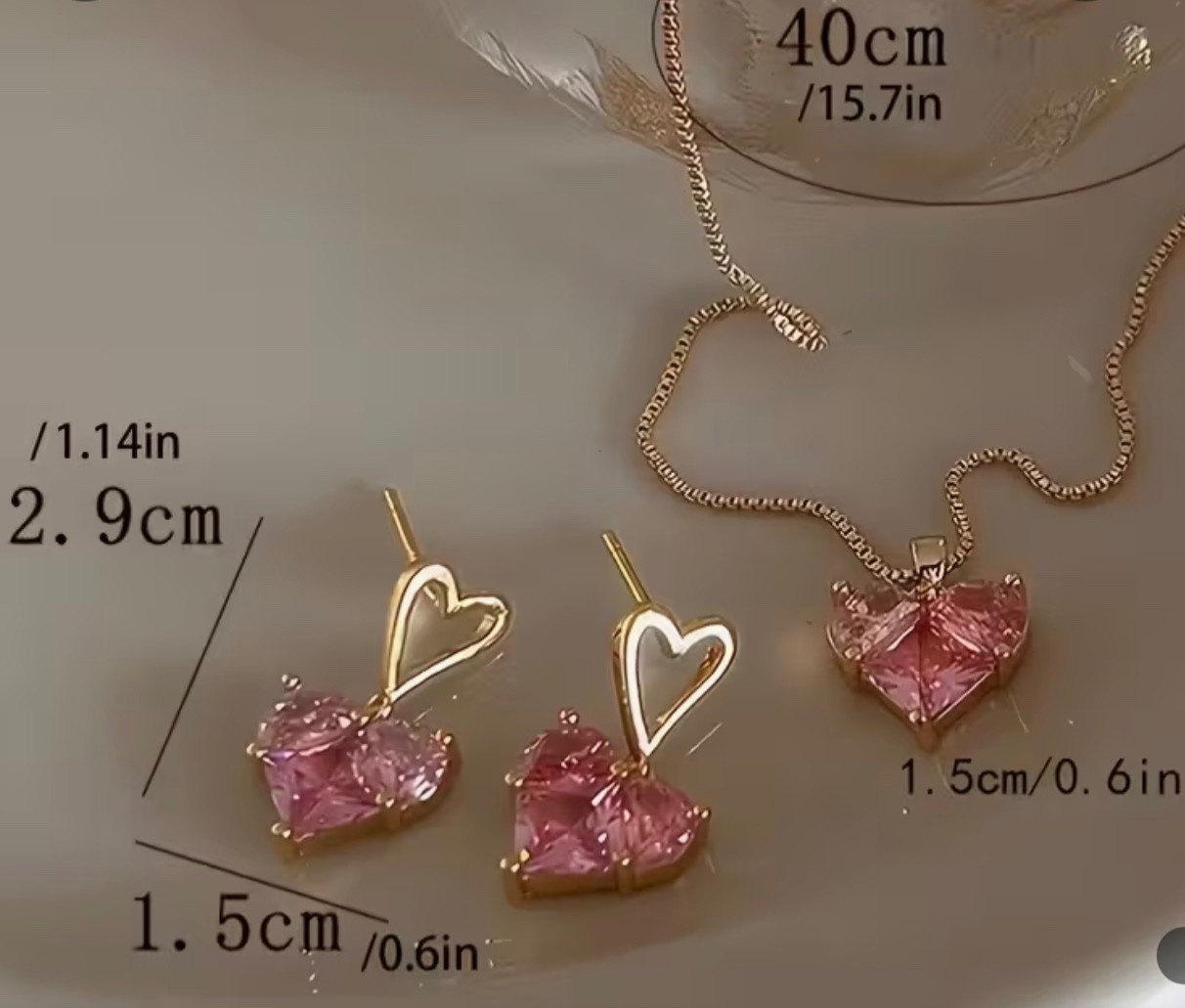 3pc Pink Heart Necklace & Earrings Set Y2K Shimmering Women’s Jewelry Gift Y5