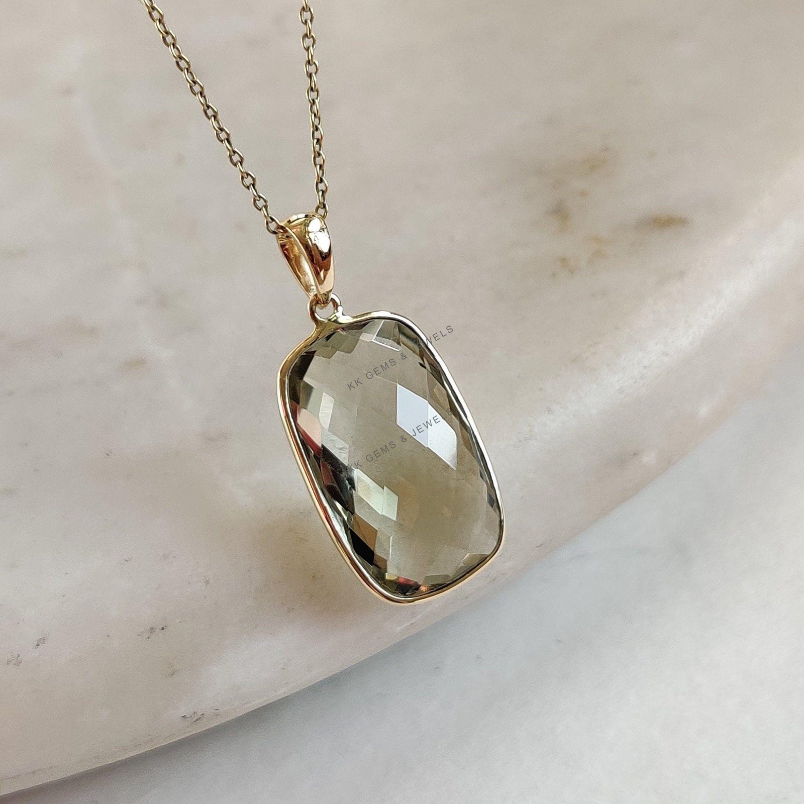 11.70 Ct Natural Green Amethyst Pendant 14K Gold Bezel February Birthstone Gift