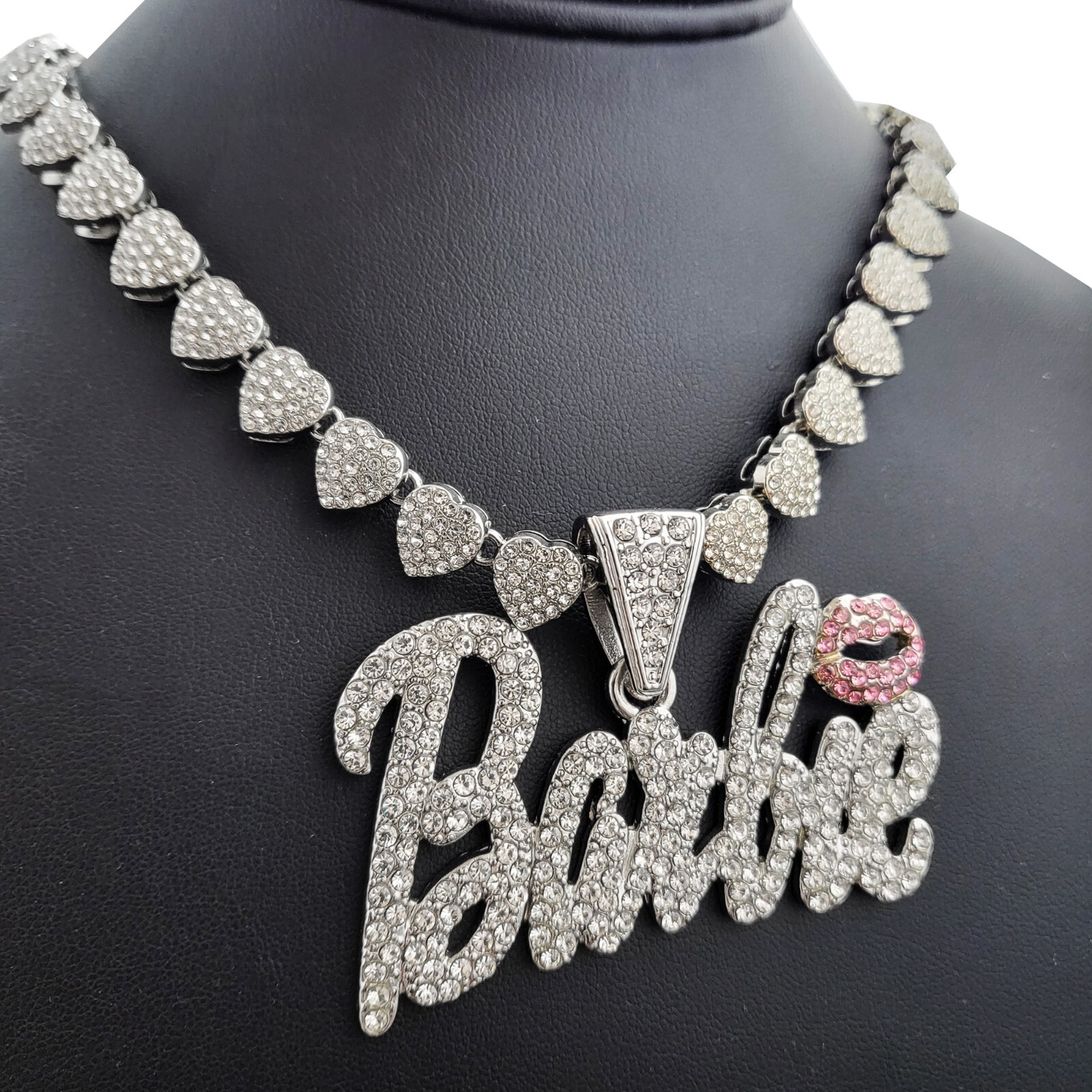 Women Silver Plated Barbie Charm & 20″ Iced Cubic Zirconia Heart Chain Necklace