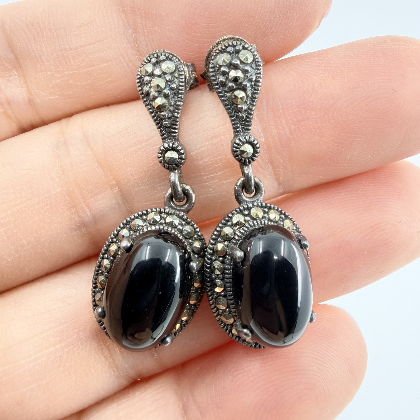 Vintage Sterling Silver .925 Marcasite Onyx Dangling Pierced Earrings