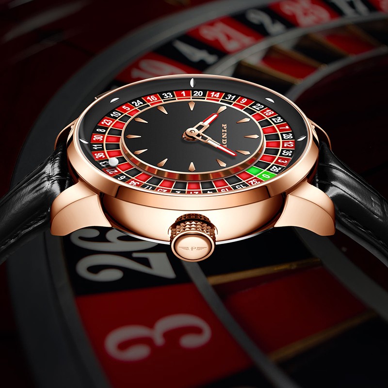 PINDU Men’s Mechanical Watch Roulette Dial Sapphire Glass 46mm Golden Case Luxur