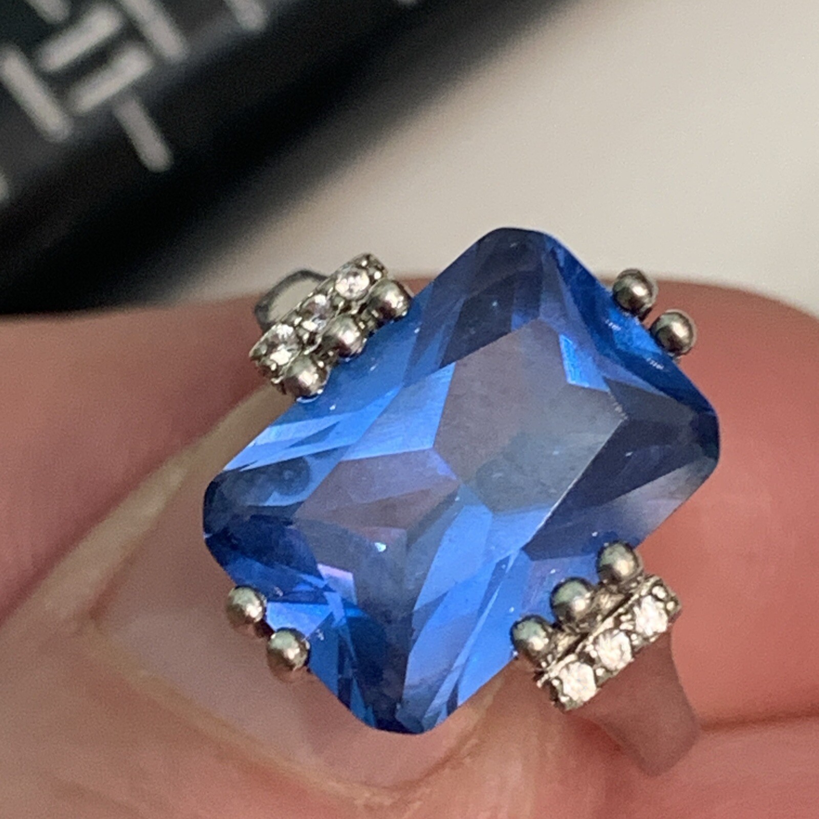 925 Sterling DK Created Blue Spinel And Accent Stones Ring Size 7