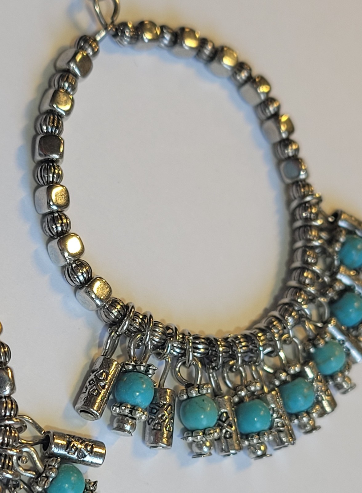 Western Silver Tone Concho Faux Turquoise With Dangling Hoop Pierced Earrings