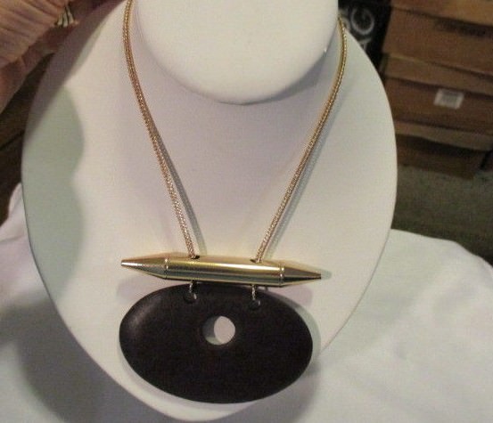 MARK Wood Works Necklace Natural Wood & Goldtone Metal Pendant & Chain 29 1/2″ L