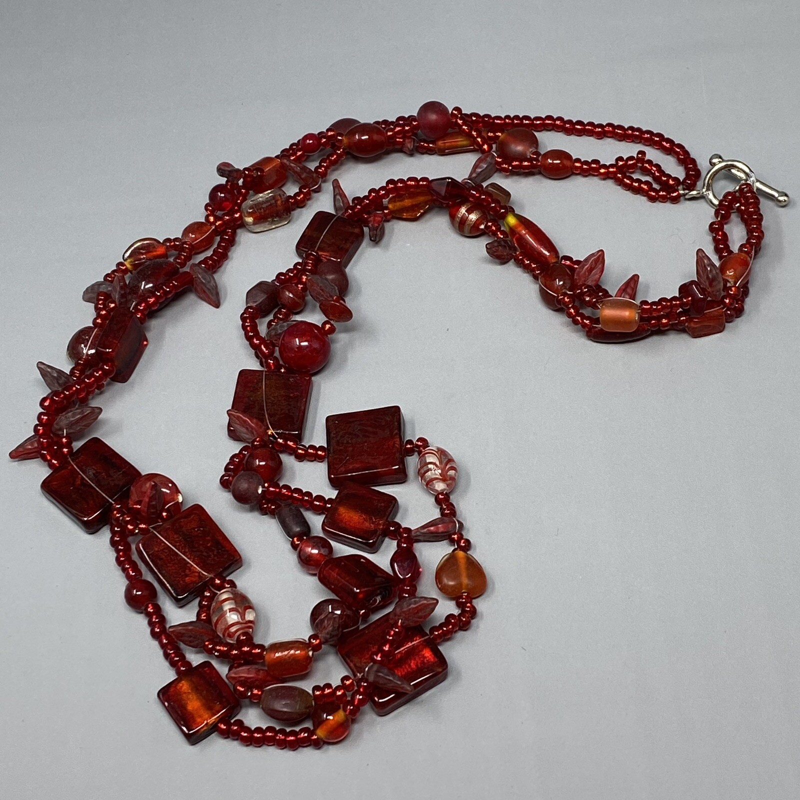 VTG Boho Glass Necklace Red Burgundy Glass Beads Czech Dichroic Frost Molded 24″