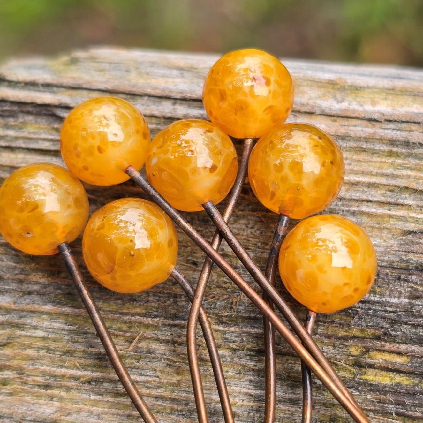 7 Vintage Honey Marigold Mottled Art Glass Embedded Wire Beads Drops Dangles