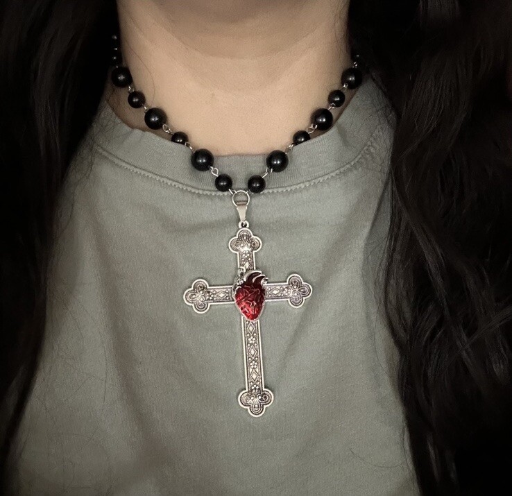 Large Victorian Cross Necklace Chain Silver Religious Gothic Grunch Whimsgoth