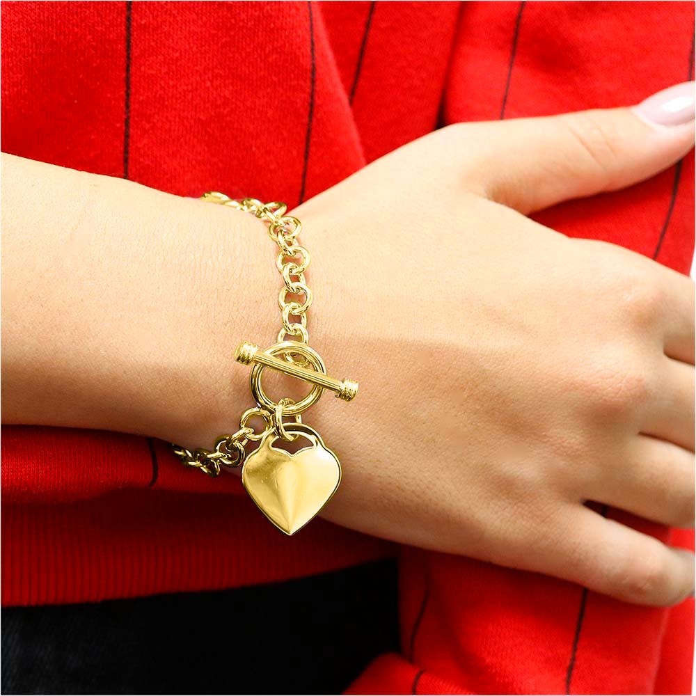 Verona Jewelers Womens Gold Plated Link Toggle Heart Charm Bracelet