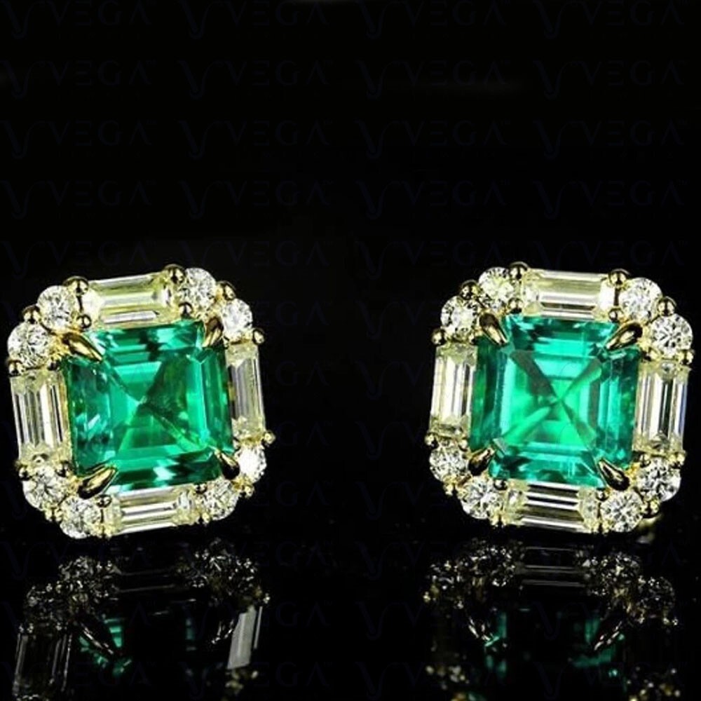 5.16Ct Asscher Cut Natural Emerald & Diamond Stud Earring 14K Solid Yellow Gold