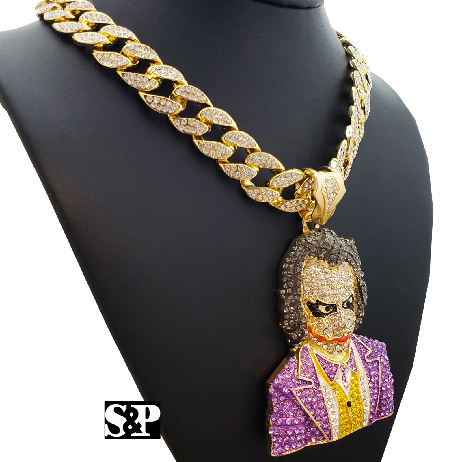 Hip Hop Large JOKER Pendant & 18″ Full Iced Miami Cuban Choker Chain Necklace