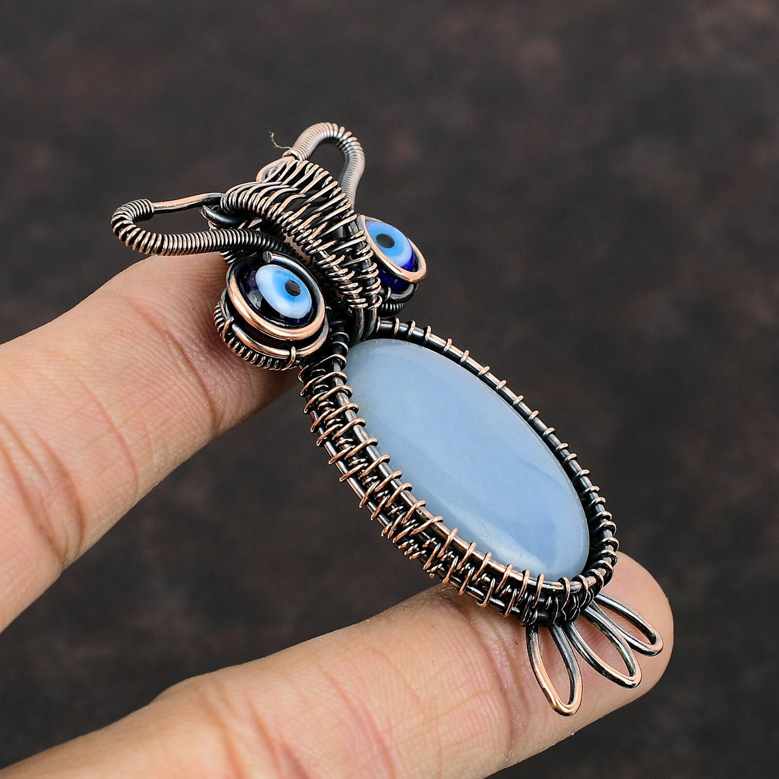 Gift For Her Unknown Copper Natural Angelite Pendant Owl And Wire Wrapped