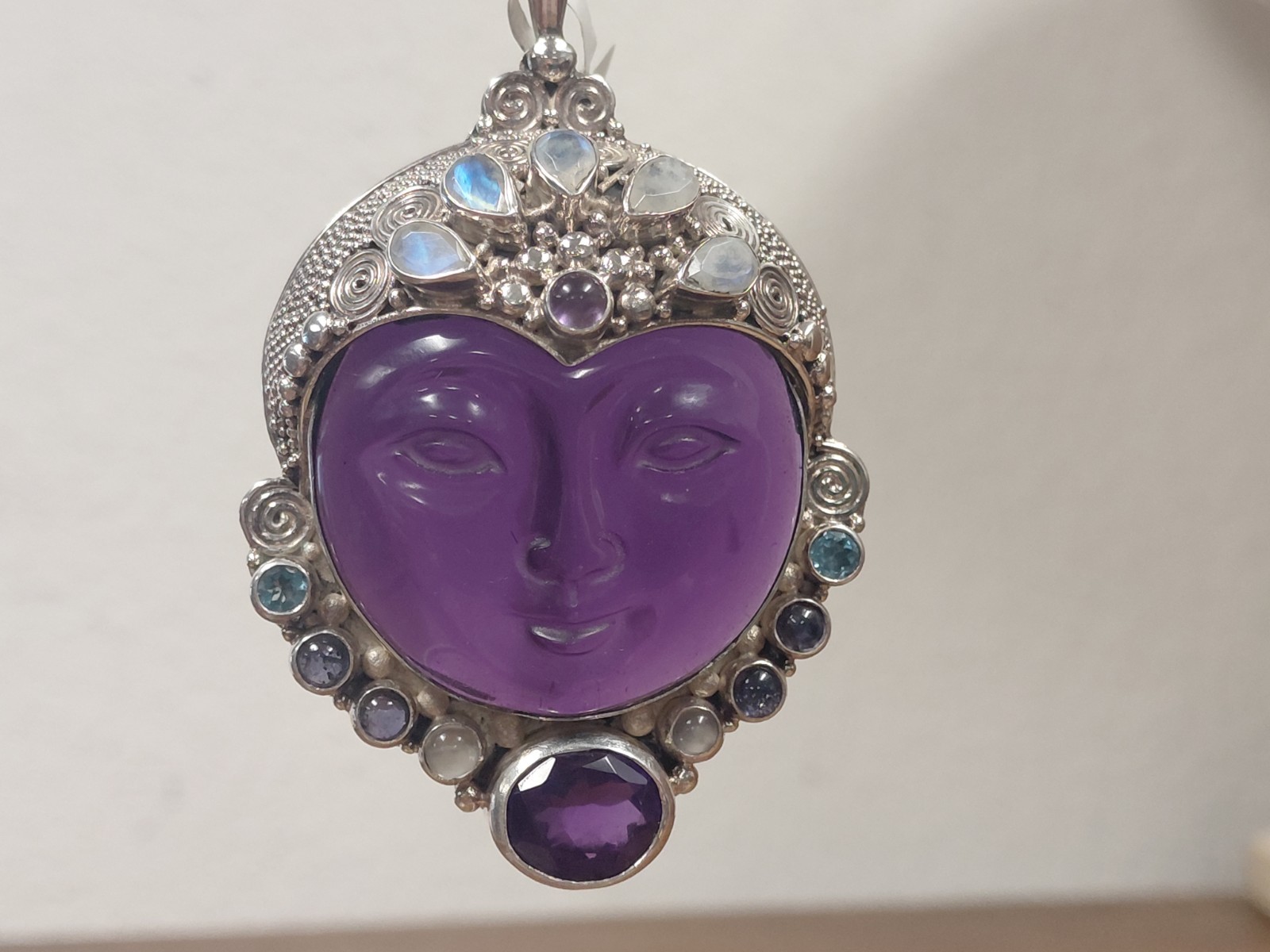 Sajen Sterling Silver Amethyst Carved Godess Face Pendant 2 1/4″ Long New NWT