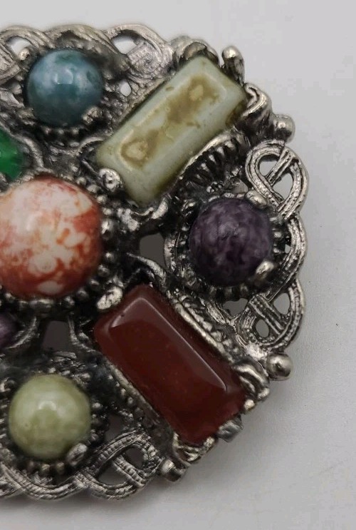 Silver Brooch Multiple Various Stones Vintage