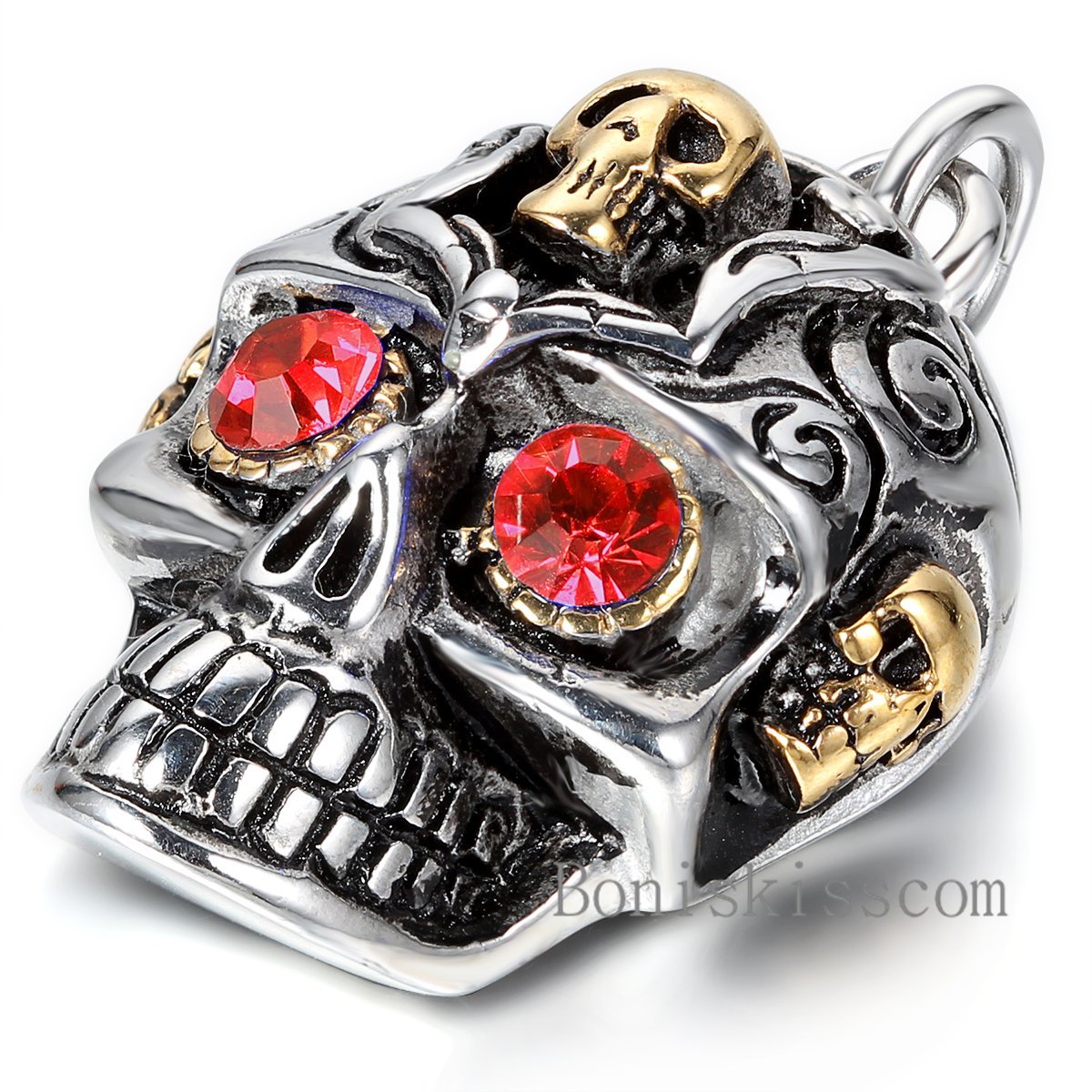 Mens Gothic Biker Devil Eye Skull Motorcycle Stainless Steel Pendant Necklace